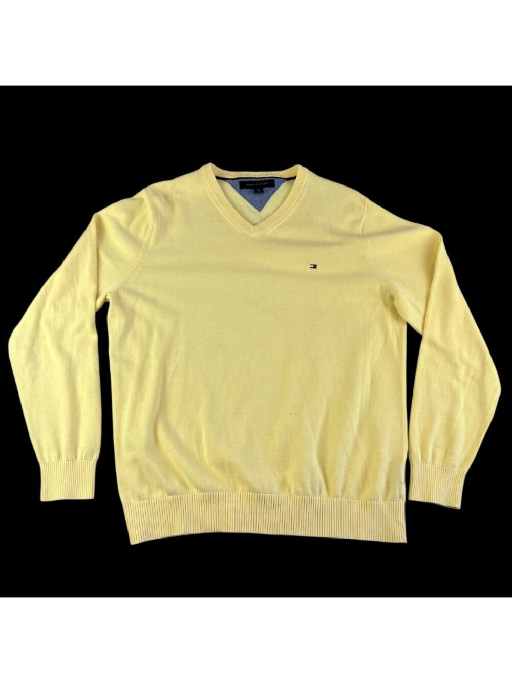 Tommy Hilfiger Men Large Sweater Yellow V Neck Cotton Pullover Logo Classic Golf
